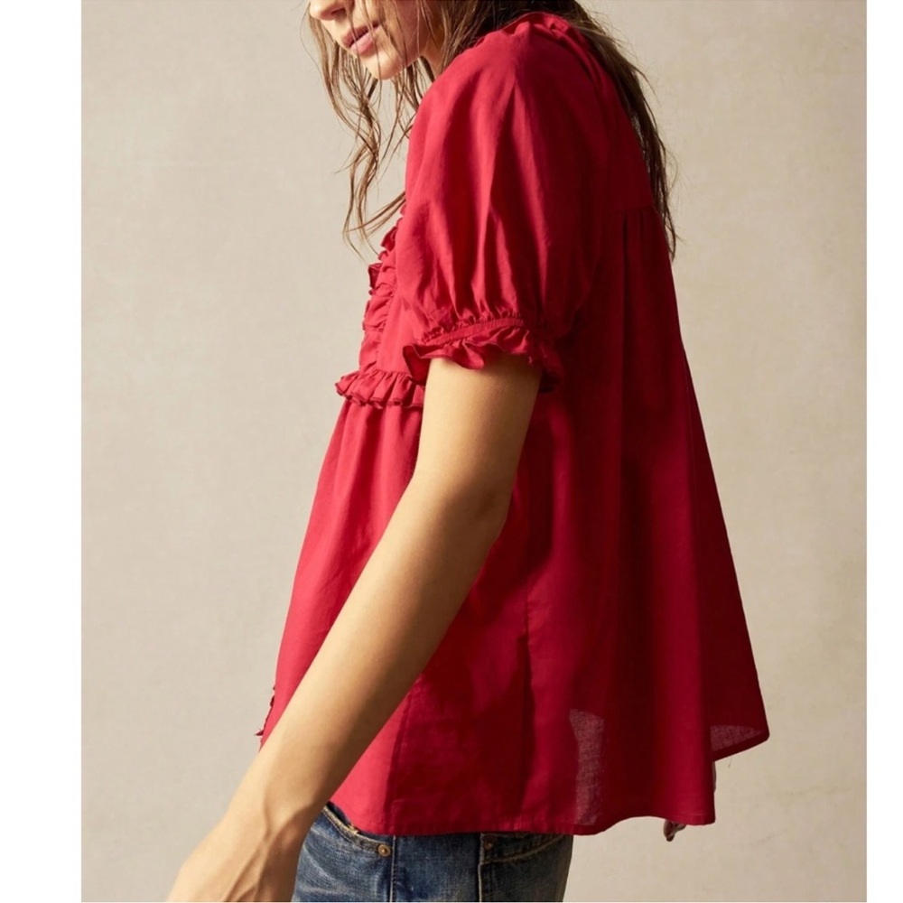 Solid Red Ruffle Puff Sleeve Button Down Oversize… - image 4
